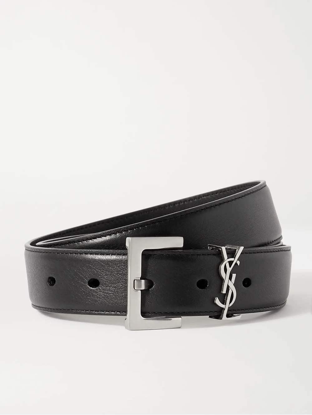 Saint Laurent Cassandre Black Leather Belt with Silver YSL Accent